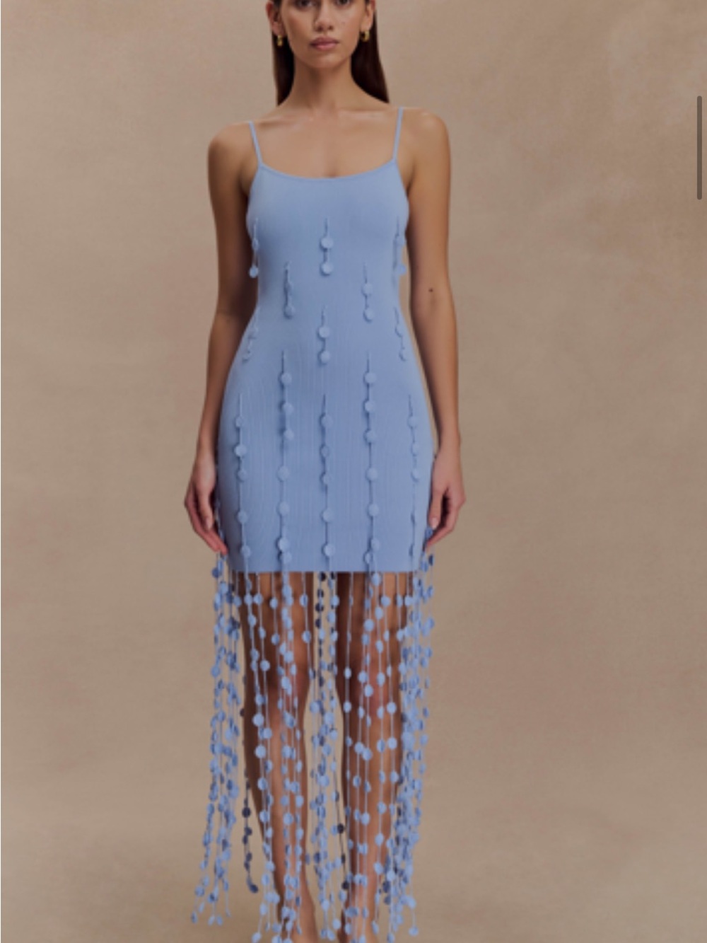 Meshki Light Blue Spaghetti Strap Mini Dress with Fringe Tassels